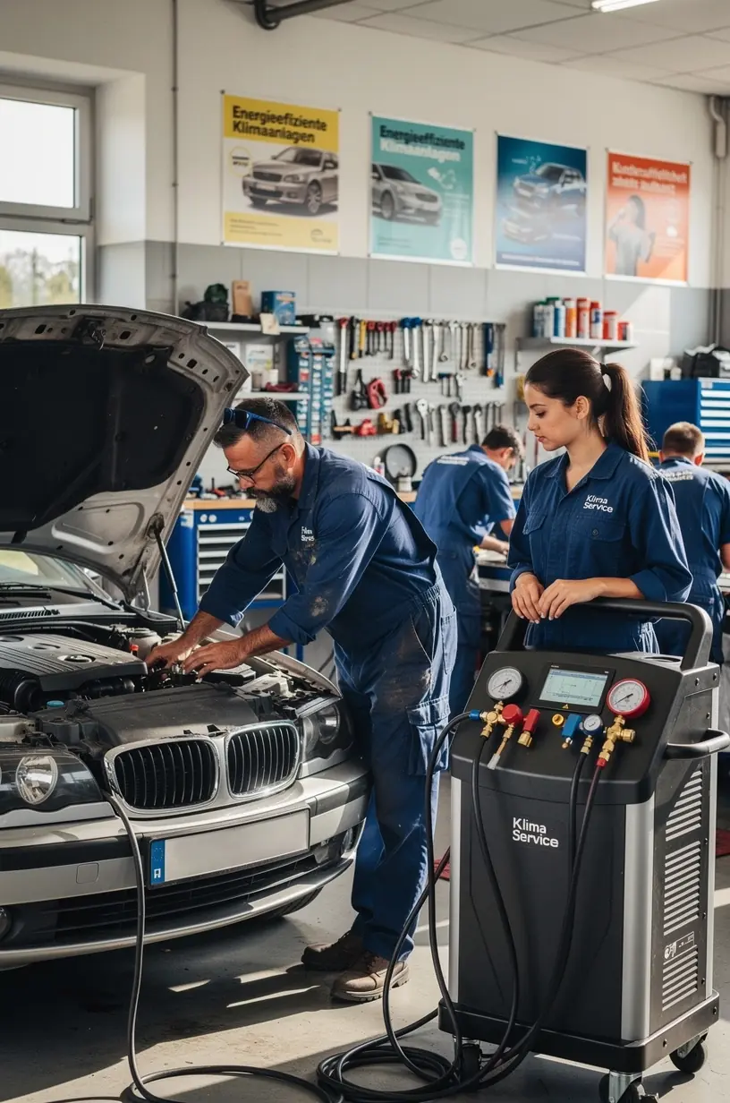 Schulungssituation: Fachpersonal erhält praxisorientierte Weiterbildung zur Klimasystemreparatur in einem deutschen Servicezentrum
